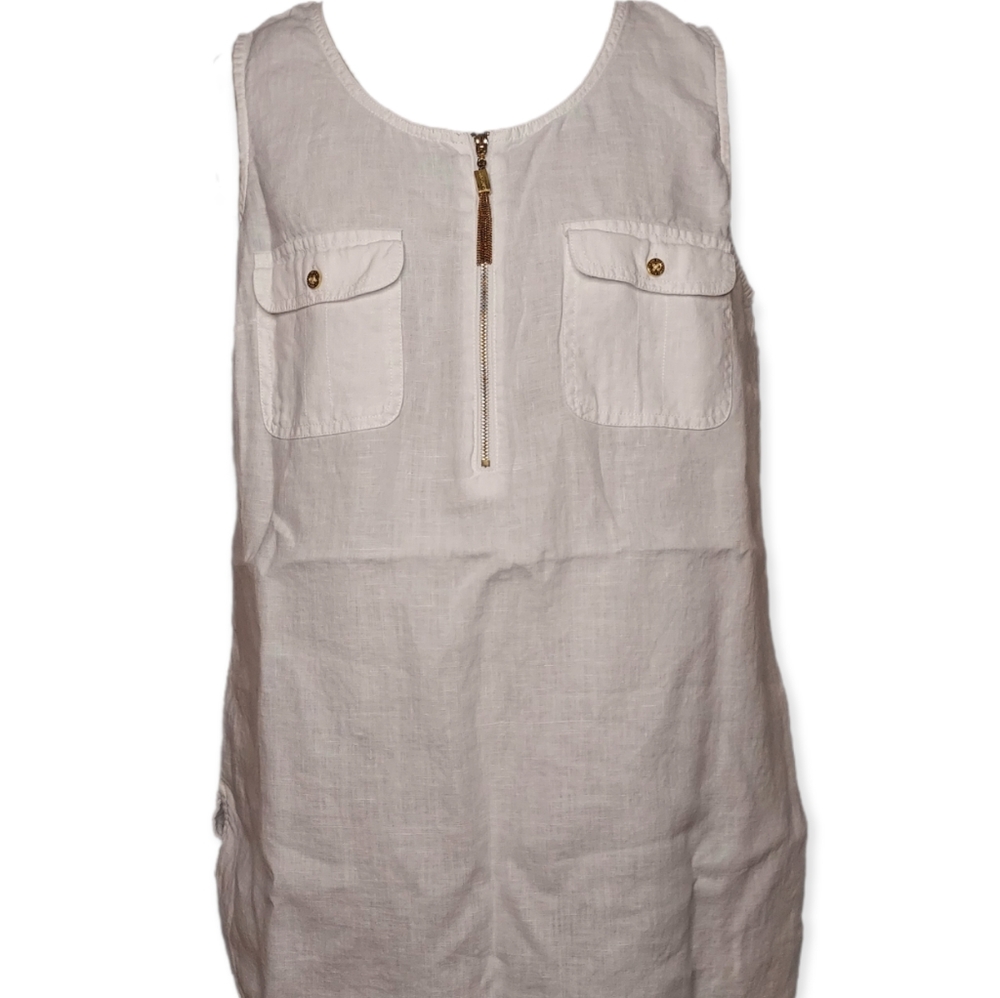 Ellen Tracy Linen Sleeveless Top with zipper & 2 chest pockets with gold buttons